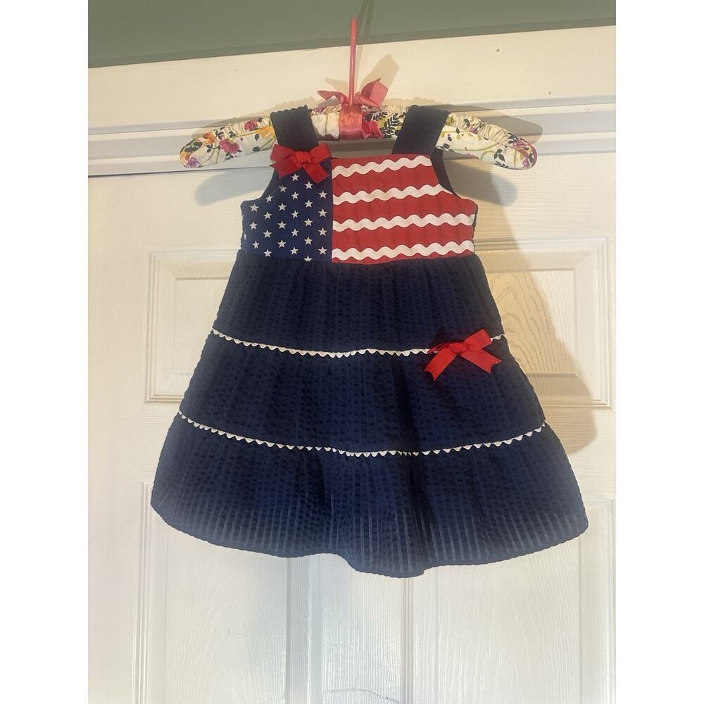 Rare, Too Patriotic Seersucker Navy Dress 24M American Flag USA Toddler Waffle